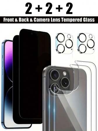 [6 件装] 隐私钢化玻璃膜前后保护膜和相机镜头保护膜适用于 16/16 Plus/16 Pro/16 Pro Max/15/15Pro/15 Plus/15 Pro Max/14/13/12/11 生日、家人、朋友的礼物防窥、手机屏幕保护膜、手机配件防水防震防摔防摔防刮防指纹全覆盖