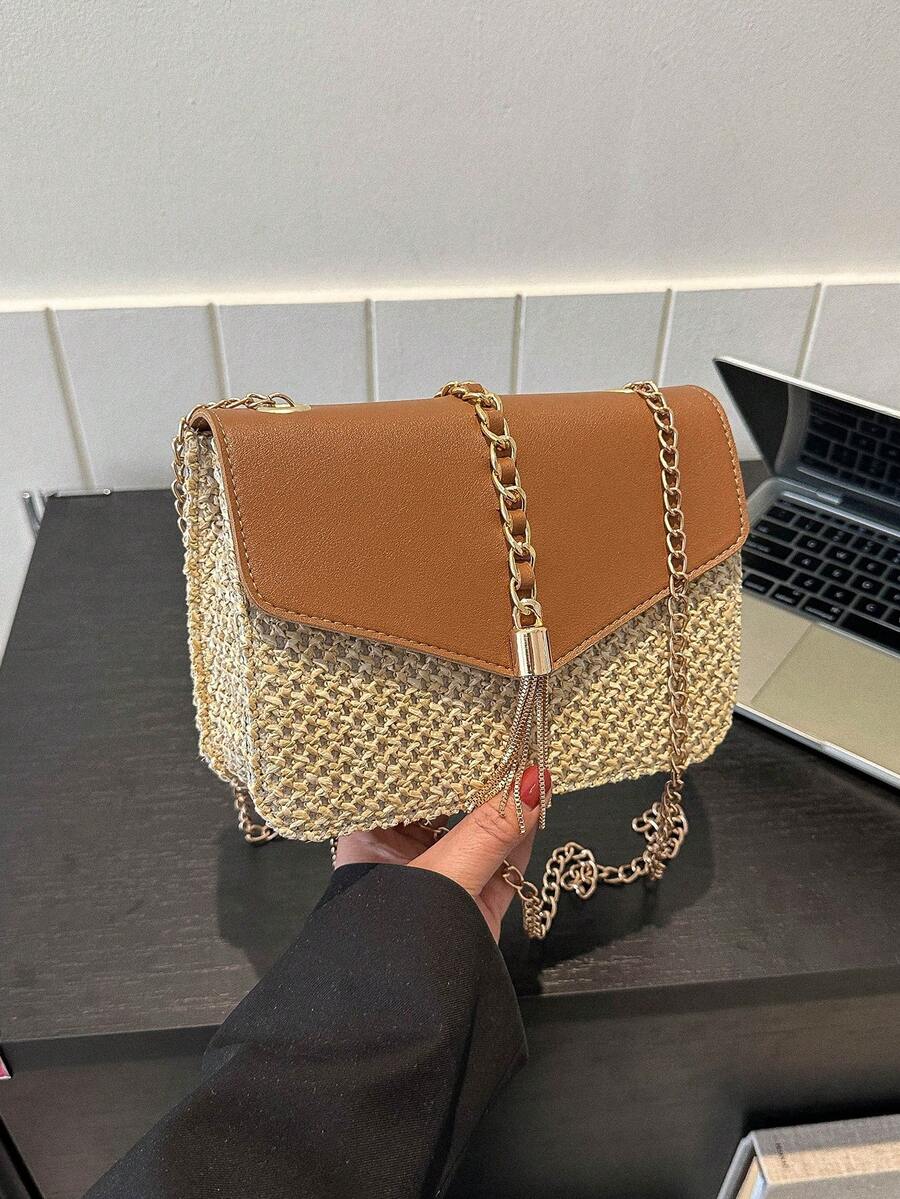 1 Miếng Da giả Màu thuần Đúng mốt Tua Túi đeo vai Với Chuỗi kim loại & Thiết kế bện , Hoàn hảo Đối với bờ biển Kỳ nghỉ , Sử dụng hàng ngày Đối với phụ nữ