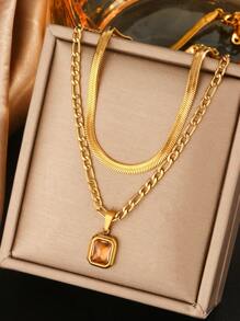 1pc Fashionable Rhinestone Inlaid Square Glass Decor Stainless Steel Necklace, Suitable For Women Party Wear Or Gift For Mother - Yellow Gold - View 1