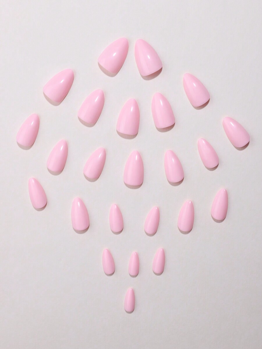 24pcs/Set Short Almond Shape Cute Pink Solid Colored False Nails With