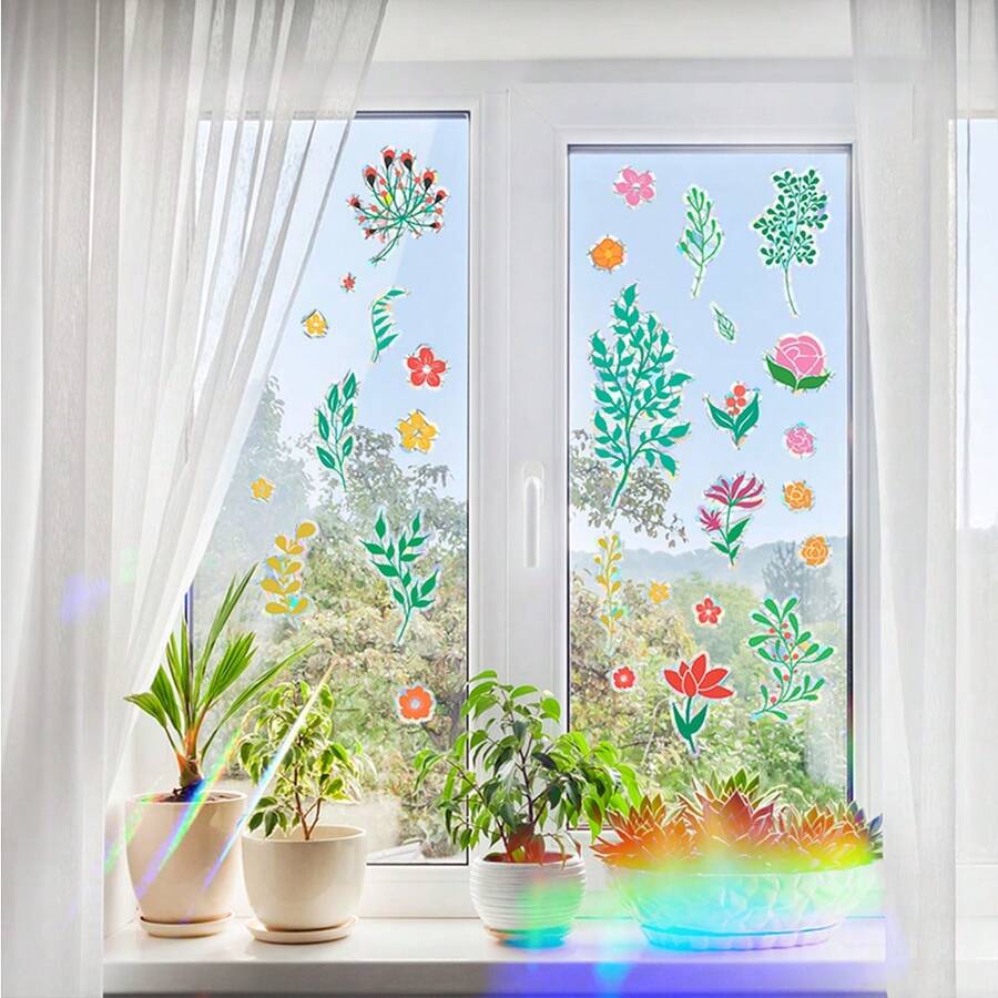 个性化小花和绿叶窗户装饰贴纸 - 彩色 - 查看 1