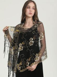 Boho 1pc Lace Floral Embroidery Shawl, Elegant & Heavy-Duty, Perfect For Prom, Sequin Scarf, Handmade Tassel Scarf, Simple & Stylish Party Dress Scarf Halloween