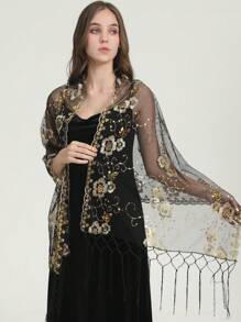 Boho 1pc Lace Floral Embroidery Shawl, Elegant & Heavy-Duty, Perfect For Prom, Sequin Scarf, Handmade Tassel Scarf, Simple & Stylish Party Dress Scarf Halloween