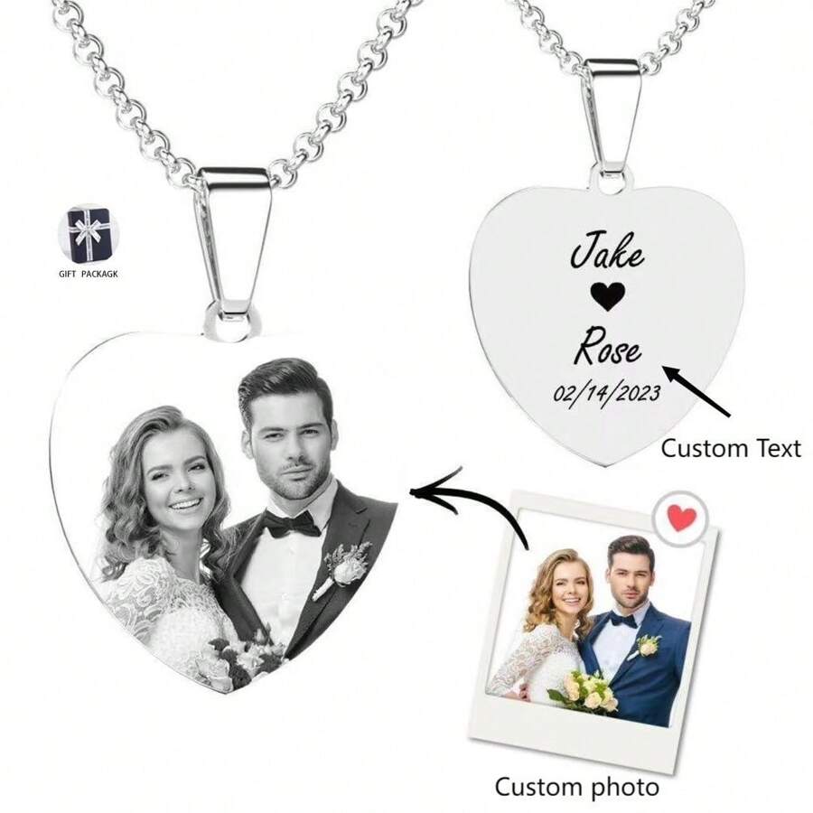 Custom Photo & Text Stainless Steel Engraved Heart Shaped Pendant Necklace, Valentine's Day Gift Stylish,Fall Fashion,Contracted,Simple,Casual,Old Money,Vintage Custom,Personalized,Unique Ideal Gifts For Him Girlfriend,Mom,Family,Friends,Daughter,Her,Boyfriend,Dad,Son,Pets,Grandparents For Anniversaries,For Valentine's Day,For Mother's Day,For Birthdays,For Graduation,For Daily Wear,For Weddings,For Prom,For Father's Day,For Party Valentines