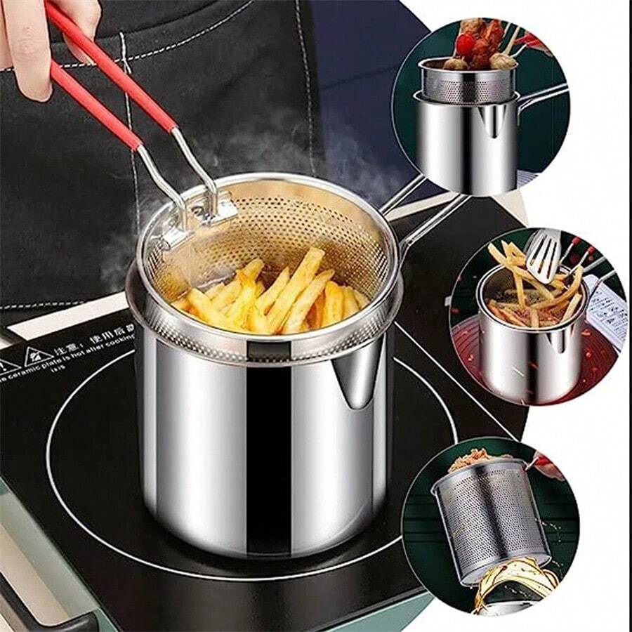 1pc Kitchen Deep Fryer With Filter Net 304 Stainless Steel Frying Pan For Fried Chicken Cooking Tool - Silver - View 1