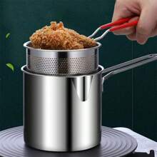 1pc Kitchen Deep Fryer With Filter Net 304 Stainless Steel Frying Pan For Fried Chicken Cooking Tool - Silver - View 2