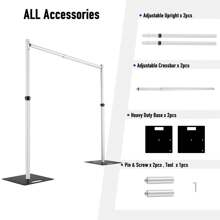 Hecis 10x10Ft Pipe And Drape Kit, 6-10' Tall X 6-10' Wide Adjustable Pipe And Drape Stand, Heavy Duty Backdrop Stand, Aluminium Backdrop Stand, Flower Wall Backdrop For Event, Party, Trade Shows And Wedding Decor - 銀色 - 查看 3