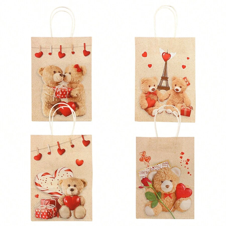 4入組小熊造型手提紙袋，適用於情人節禮物裝飾、婚禮禮品袋和新娘淋浴派對 - A - 查看 1