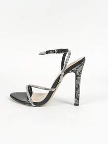 Women Rhinestone Strap Peep Toe Round Toe High Heels Sandals Sexy Fashion Party Evening Black Stilettos - Black - View 6
