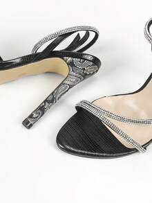 Women Rhinestone Strap Peep Toe Round Toe High Heels Sandals Sexy Fashion Party Evening Black Stilettos - Black - View 5