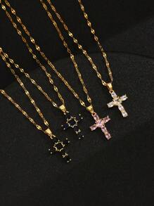 One Piece Multi Color CZ Cross Necklace Fashionable Stainless Steel Lip Chain Crystal Cross Pendant Necklace Jewelry - Gold - View 2