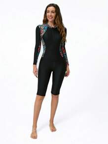 Traje de baño de una pieza estilo europeo y estadounidense para mujer con mangas largas, ajuste ceñido, elasticidad, perfecto para surf y esnórquel en verano