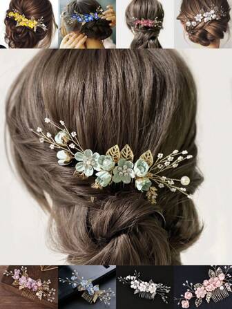 1pc Women Rhinestone & Flower Decor Fashionable Hair Comb, For Decoration Boho Valentine's Day
