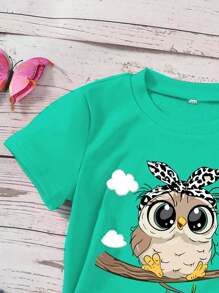 Young Girl 1pc Casual Style Short Sleeved Knit T-Shirt With Owl Pattern, Summer - Green - View 4