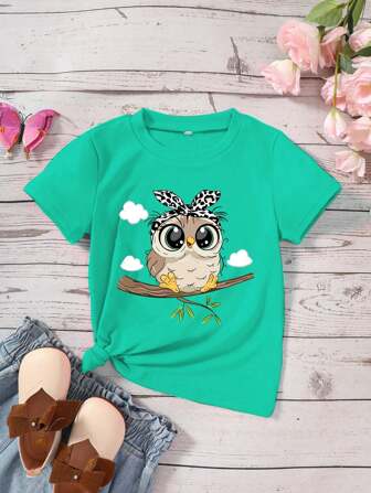 Ung flicka 1 st Casual Style kortärmad stickad T-shirt med ugglemönster, sommar