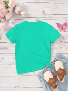 Young Girl 1pc Casual Style Short Sleeved Knit T-Shirt With Owl Pattern, Summer - Green - View 2