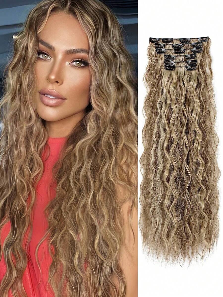 24-Inch Long Wavy Clip-In Synthetic Hair Extensions, 6pcs Set, Ombre Brown To Light Golden Tips, Thick & Soft Synthetic Fiber Double-Wefted, Suitable For Women