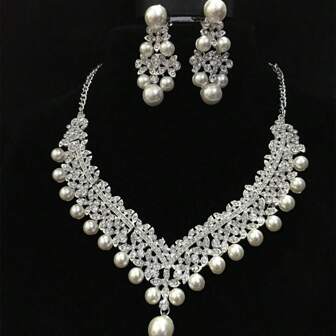 Conjunto Elegante De Collar Y Pendientes De Perlas Para Novias Con Aleación, Diamantes De Imitación Y Perlas, Estilo Europeo Y Americano