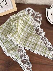 新款夏季法式風格蕾絲三角圍巾女士斑格紋復古裝飾頭箍花園絲巾飄帶1入 - A - 查看 11