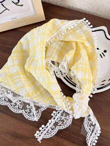 新款夏季法式風格蕾絲三角圍巾女士斑格紋復古裝飾頭箍花園絲巾飄帶1入 - A - 查看 9