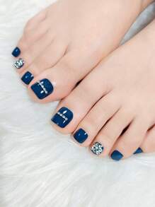 24pcs Short Square Blue Rhinestone Toe Nail Tips With 1pc Sanding Bar And 1pc Jelly Gel Included Press On Nails Nail Supplies - Multicolor - View 1