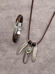 1 套绿松石首饰：男士个性化雕刻多层黑色皮革手链、鹰爪绿松石羽毛吊坠、锌合金棕色绳长链项链、情侣套装