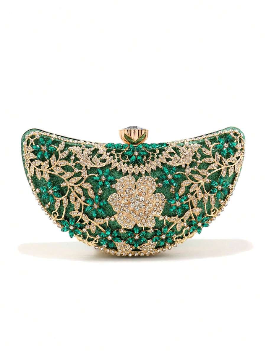 GLOIG Màu xanh lá cây Túi buổi tối dành cho nữ có đính thạch anh phong cách Rỗng ra Ly hợp Kim cương Thiết kế mặt trăng Đám cưới Long lanh sang trọng Túi xách cô dâu Túi xách kim loại Chuỗi ví - màu xanh lá - Xem 1