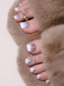 24 piezas de uñas cuadradas de estilo dulce en degradado de tonos nude y blanco lechoso con brillo plateado, diseño con cuentas de vidrio y ojo de gato, adecuado para llevar en festivales y como regalo, incluye 1 lima de uñas y 1 gel de gelatina, uñas postizas suministros de uñas - Multicolor - Ver 6