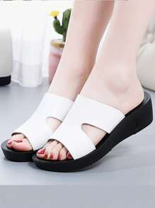 女性純色楔跟涼鞋，休閒夏季開放式拖鞋，舒適厚底涼鞋