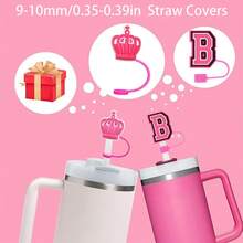 4 英寸粉色皇冠吸管盖和粉色字母吸管盖和 1 个姓名 ID 字母手柄饰物，防尘可重复使用硅胶吸管盖，适用于 30 盎司和 40 盎司带手柄玻璃杯，母亲节礼物 - 粉紅色 - 查看 2