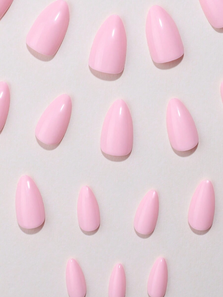 24pcs/Set Short Almond Shape Cute Pink Solid Colored False Nails With