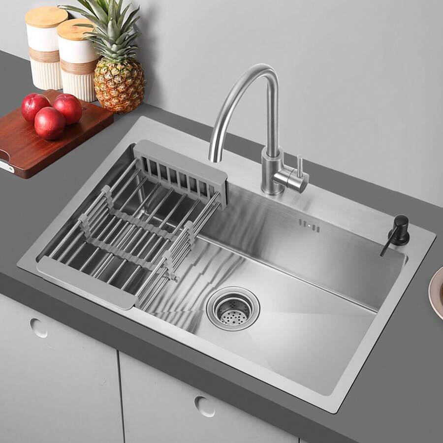 OYAJIA Edelstahl Einbauspüle Küchenspüle Waschbecken Spülbecken+Seifenspender 68x45cm