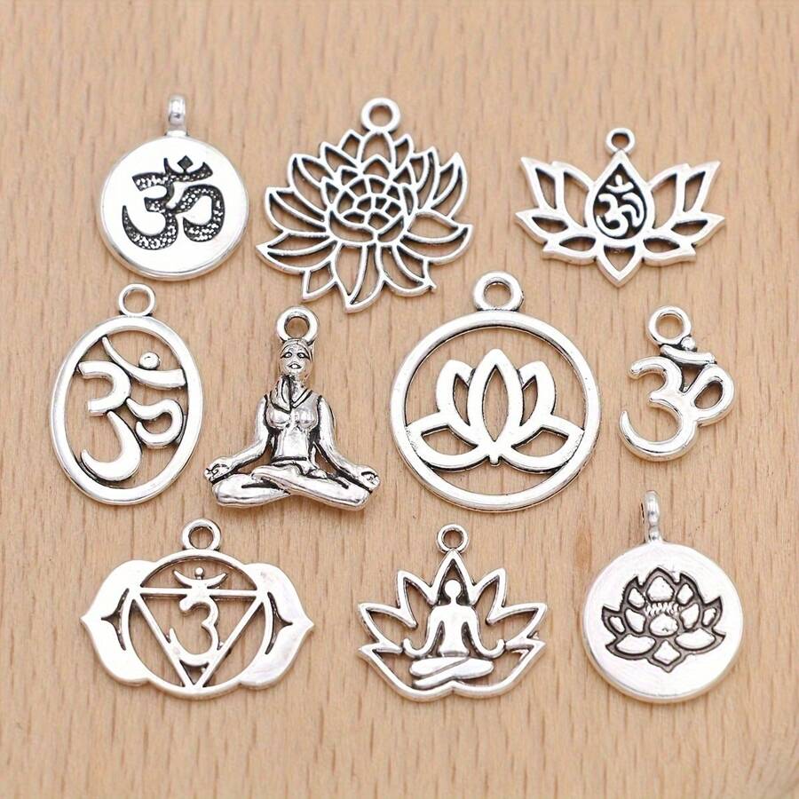 10PCS Mix Lot Antique Silver Plated Yoga Lotus Charms Pendant For Jewelry Making Necklace Earrings Bracelet DIY Findings Craft - 10Pcs Mix Lot - View 1