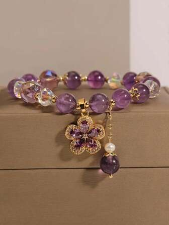 1pc Water-Drop, Flower, Clover And Butterfly Shaped Cubic Zirconia Decorated Money Bag Pendant Bracelet, Beaded Bracelet For Women Daily Wear Valentines,Mom,Mother,Mother's Day,Gift