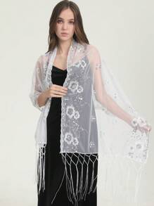 Boho 1pc Lace Floral Embroidery Shawl, Elegant & Heavy-Duty, Perfect For Prom, Sequin Scarf, Handmade Tassel Scarf, Simple & Stylish Party Dress Scarf Halloween