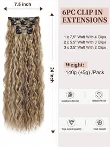 24-Inch Long Wavy Clip-In Synthetic Hair Extensions, 6pcs Set, Ombre Brown To Light Golden Tips, Thick & Soft Synthetic Fiber Double-Wefted, Suitable For Women - Multicolor - View 7
