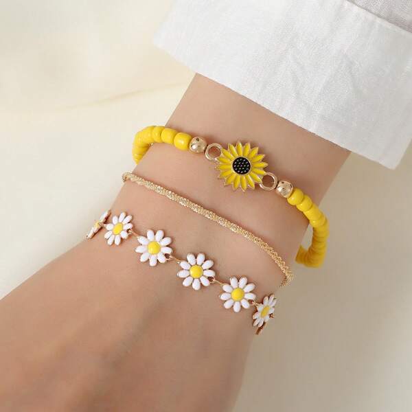 3 Piezas Pulseras De Mujeres Bohemias Vintage Cadena Brillante De Oruga Con Colgante De Crisantemo