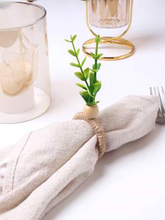 6入組木珠綠色模擬葉子餐巾環，戶外婚禮宴會桌面裝飾葉子扣