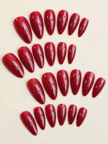 24pcs Long Almond-Shaped Bright Red Press-On Fake Nails Set, Fashionable For Women And Girls Daily Wear Nail Supplies - Multicolor - View 2
