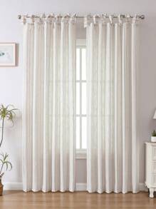 1pc Japanese Minimalist Living Room & Home Office Linen-Like Striped Sheer Curtain Panels - White - View 4