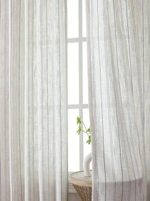 1pc Japanese Minimalist Living Room & Home Office Linen-Like Striped Sheer Curtain Panels - White - View 8