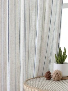 1pc Japanese Minimalist Living Room & Home Office Linen-Like Striped Sheer Curtain Panels - White - View 9