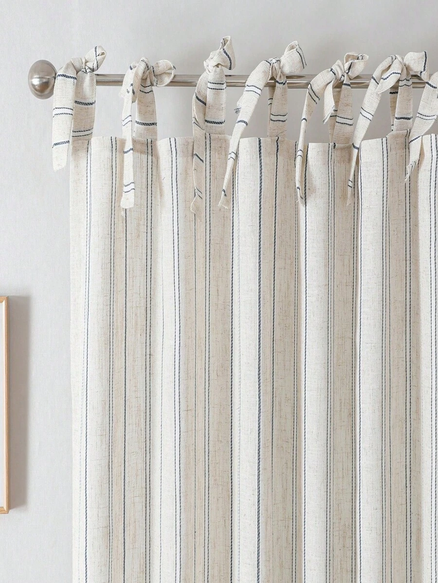 1pc Japanese Minimalist Living Room & Home Office Linen-Like Striped Sheer Curtain Panels - White - View 1