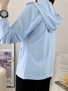 Summer Workout Women Elastic Breathable Ice Feel Hooded Solid Color Anti-UV Sun Protection Clothing Blue