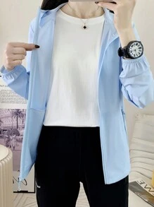 Summer Workout Women Elastic Breathable Ice Feel Hooded Solid Color Anti-UV Sun Protection Clothing Blue