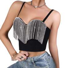 Camisola de corsé corta con borlas de diamantes de imitación para mujer, camisola sexy de color liso, sin espalda y a la moda - Negro - Ver 6