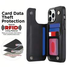 适用于三星 Galaxy S25/S24/S23/S22 Ultra Plus/A14/A15 的奢华真皮钱包式手机壳，带信用卡插槽，采用真皮材质，磁吸式搭扣，支架设计，防震保护套，兼容 16e/16/15/14/13/12/11 Pro Max - 黑色 - 查看 6