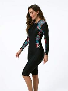 女士欧美风格连体泳衣，长袖，紧身，有弹性，非常适合夏季冲浪和浮潜