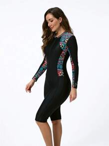 Traje de baño de una pieza estilo europeo y estadounidense para mujer con mangas largas, ajuste ceñido, elasticidad, perfecto para surf y esnórquel en verano
