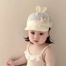 夏季透气婴儿帽子带网纱蝴蝶结卡通兔子棒球帽遮阳防紫外线适合3-24个月女童头围38-48cm - 米色 - 查看 2